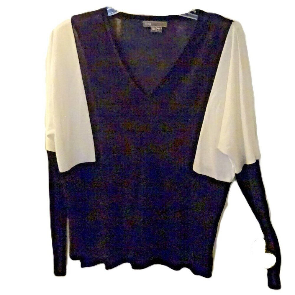Vince XS Long Sleeve Top | Black Tan‎ White Colorblock Blouse Rayon Blend
